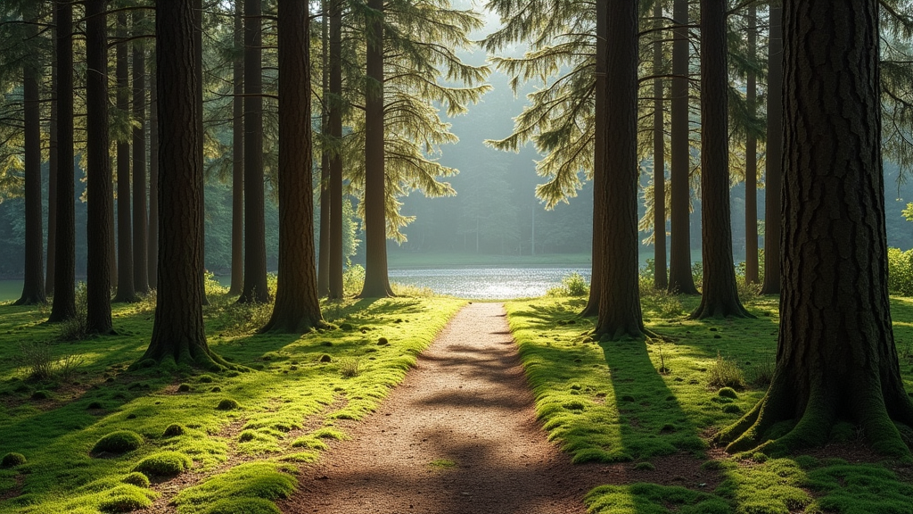 Mastbos forest walking trail, pine trees, sunlight filtering through leaves, forest path