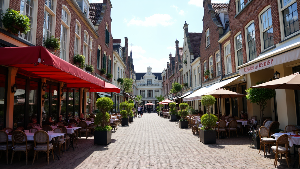 A vibrant street scene in 's-Hertogenbosch, North Brabant, Netherlands, with historic buildings and cozy outdoor cafes.